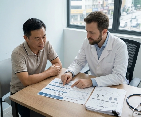 Doctor discussing realistic expectations of stem cell therapy for Crohn’s with patient