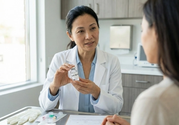 Clinical consultation reviewing eligibility for cell-based diabetes support programme
