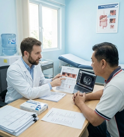 Doctor reviewing gastrointestinal reports before stem cell therapy for inflammatory bowel disease