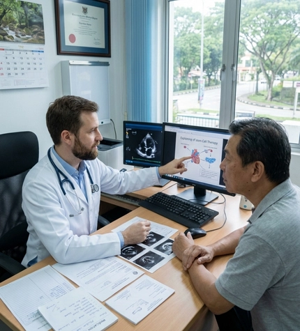 Doctor reviewing heart scans before stem cell therapy for heart failure
