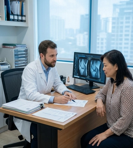 Doctor reviewing joint scans before stem cell therapy for osteoarthritis