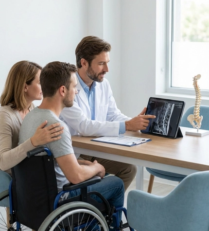 Doctor reviewing medical reports during stem cell therapy evaluation for spinal cord injury