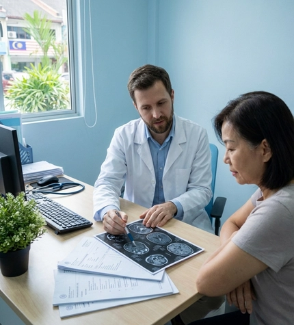 Doctor reviewing spinal scans before stem cell therapy for degenerative disc disease