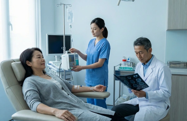 MS patient consultation reviewing MRI scans and treatment history for stem cell therapy suitability