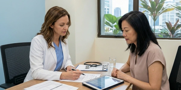 Medical consultation reviewing suitability for anti aging stem cell therapy based on health and goals
