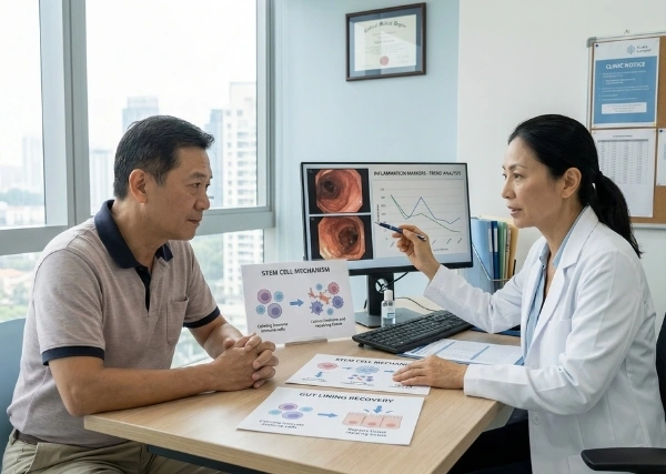 Medical team reviewing Crohn’s disease reports and imaging before stem cell therapy decision