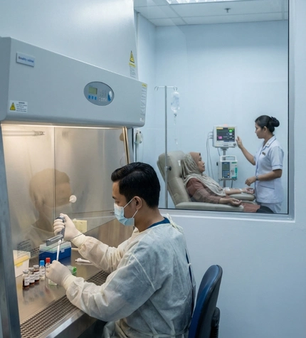 Patient receiving IV stem cell therapy while doctor reviews diabetes safety protocol