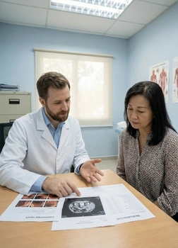 Doctor and lab team preparing and reviewing stem cell treatment plan for Crohn’s patient