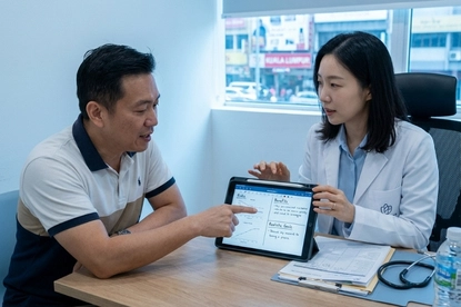 Doctor consultation for psoriasis stem cell therapy with clear risks and goals