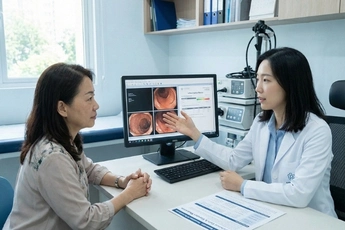 Doctor explaining stem cell therapy as an add-on treatment for ulcerative colitis during clinic visit