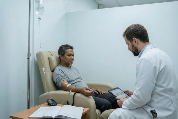 Doctor explaining supportive effects of stem cell therapy on blood sugar balance in type 1 diabetes