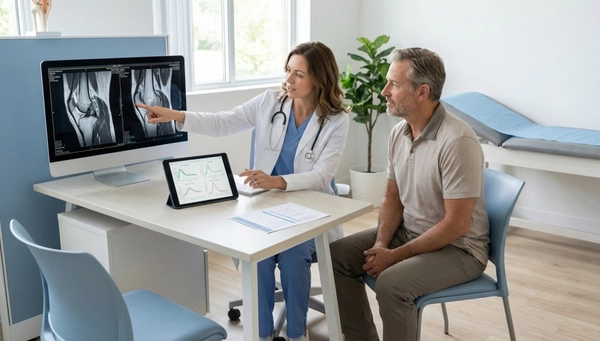 Medical consultation comparing stem cell injections and surgery options for joint injuries